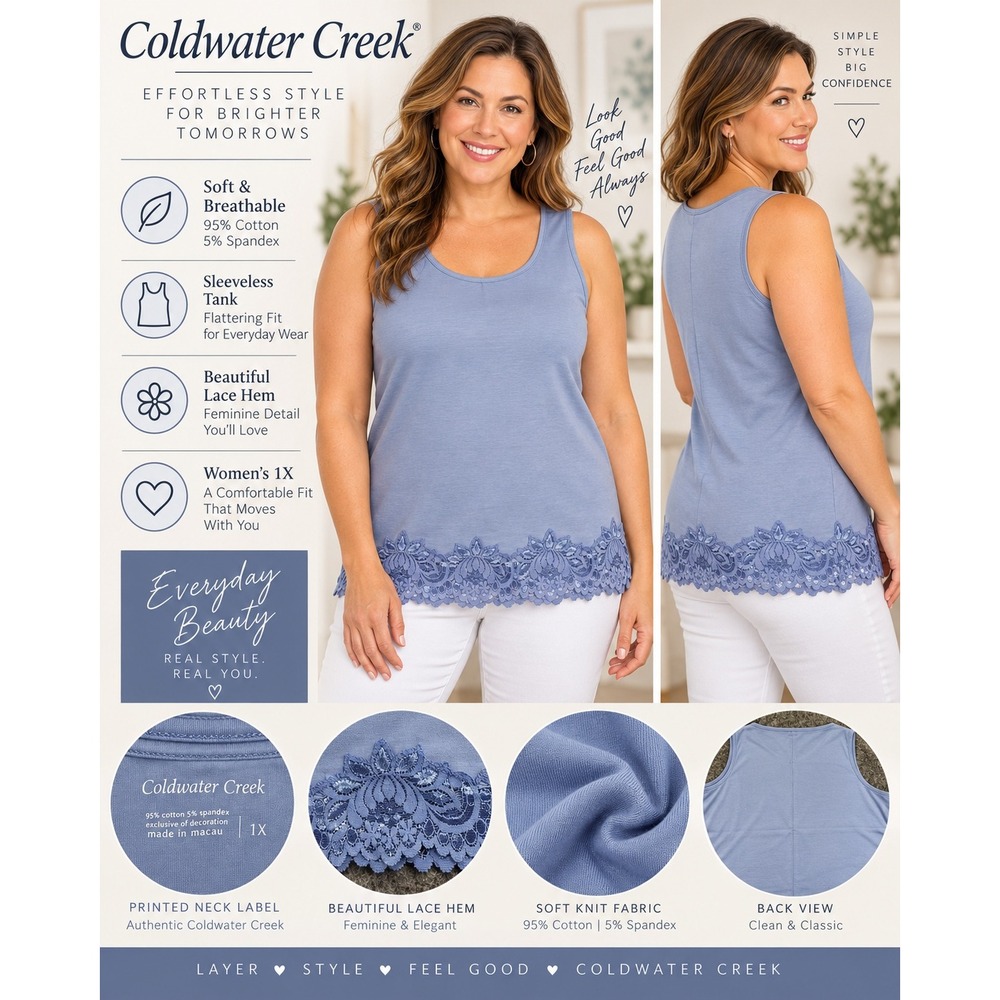 Coldwater Creek Womens 1X Periwinkle Blue Lace Trim Tank Top Scoop Neck